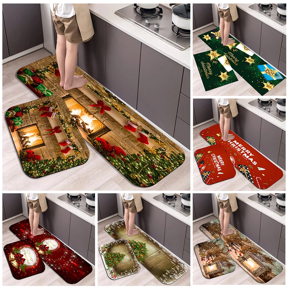 Christmas Kitchen Floor Mat Party Decoration Hallway Entrance Doormat Washable Kitchen Rugs for Living Room Bedroom Home Decor