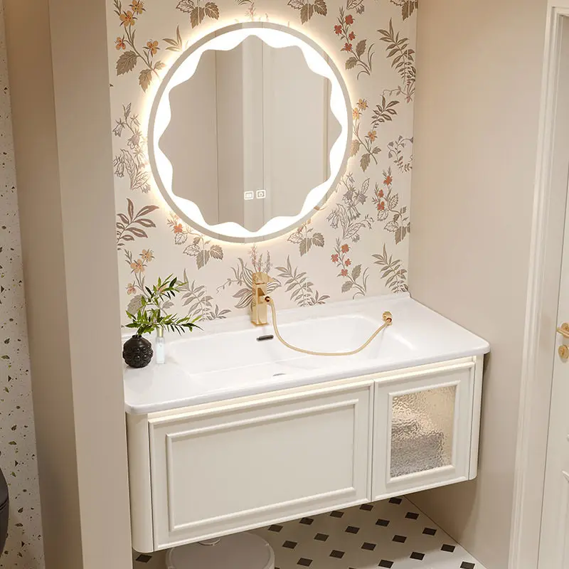 

Керамическая интегрированная раковина-тумба для ванной комнаты, комбинация из массива дерева и раковины.