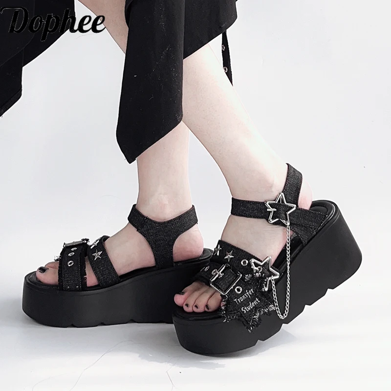 

Dophee Original Subculture Thick Soled Sandals Denim Platform Shoes All-match Summer Punk Rivet Chain High-heeled Women Slippers