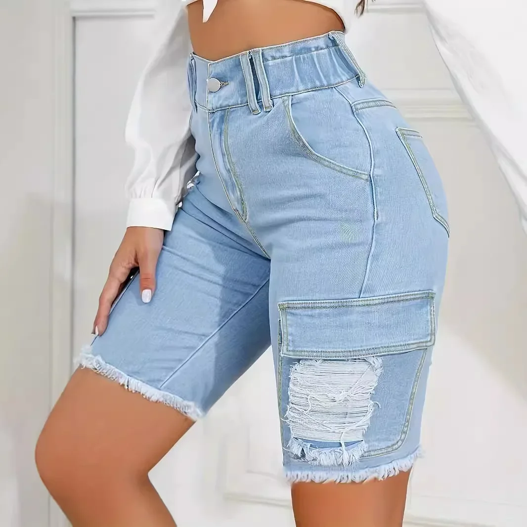 Pantaloncini di jeans strappati effetto consumato Pantaloncini al ginocchio da donna Fori Tasche jeans con cerniera Casual Vita alta impiombati Estate