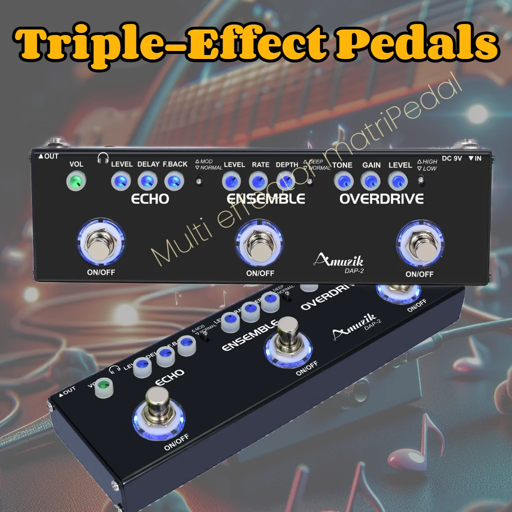 Amuzik-Multi Guitar Effect Pedal, Multi Electric Combined Guitarra Effects, Echo Ensemble Overdrive, 3-in-1 Pedals, True Bypas