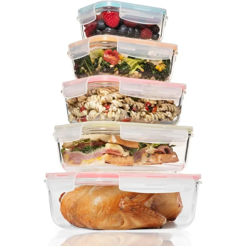 10 PC Square Glass Food Storage Containers with Lids - 74, 40, 27 & 18 Oz Airtight & Leakproof Glass Meal Prep Containers