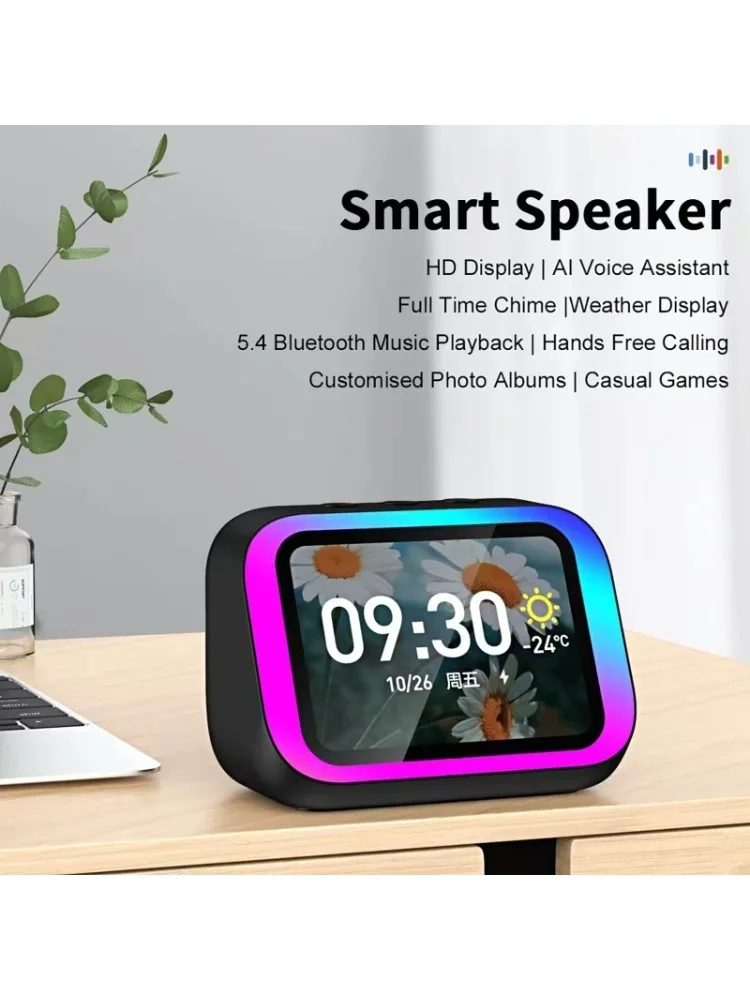 Głośnik Bluetooth z asystentem głosowym AI, kolorowym oświetleniem RGB, budzikiem, ekranem LED, wyświetlaczem pogody i funkcją elektronicznego głośnika. — 2