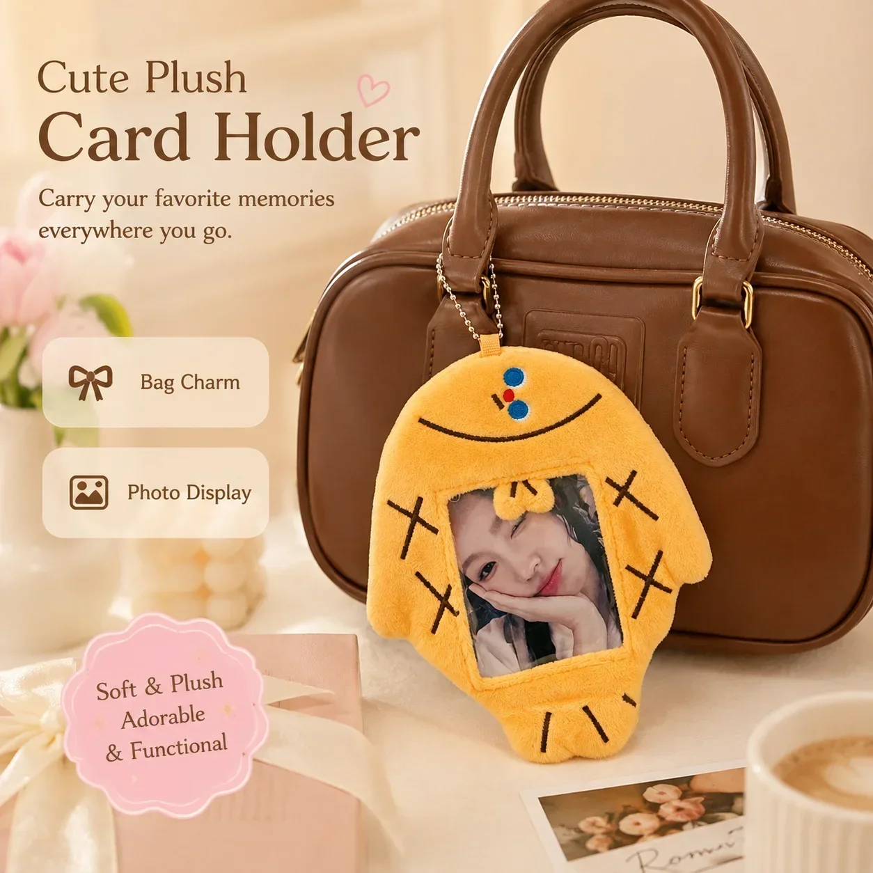 Kawaii Animal Plush Card Pouch, Student ID Badge Organizer, Photocard Protective Cover Keychain