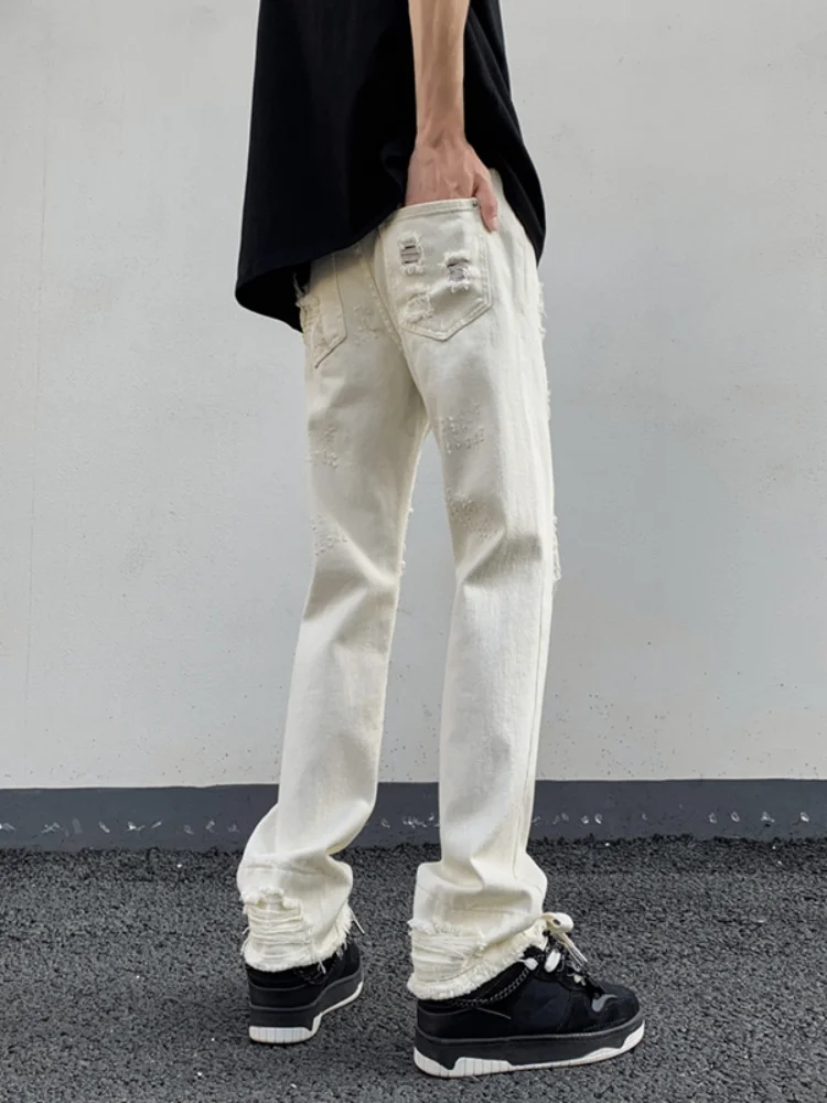 

Ripped Slim Fit Straight Leg Jeans Men's Summer Thin American Retro Sle Wear Resistant Light Blue Denim with Frayed Hem