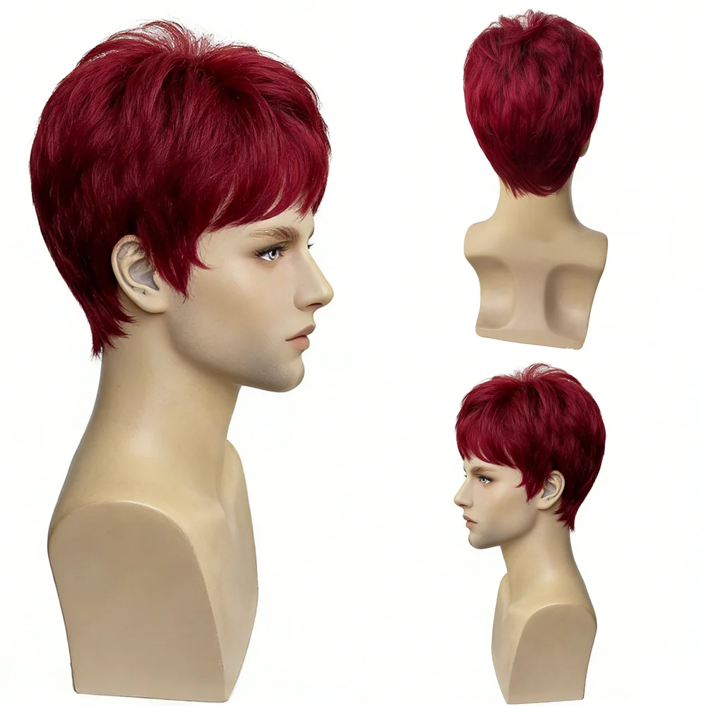Natural Looking Burgundy Short Cosplay Wig For Men Soft Fluffy Layered Heat Resistant Synthetic Hair Halloween Party Costume