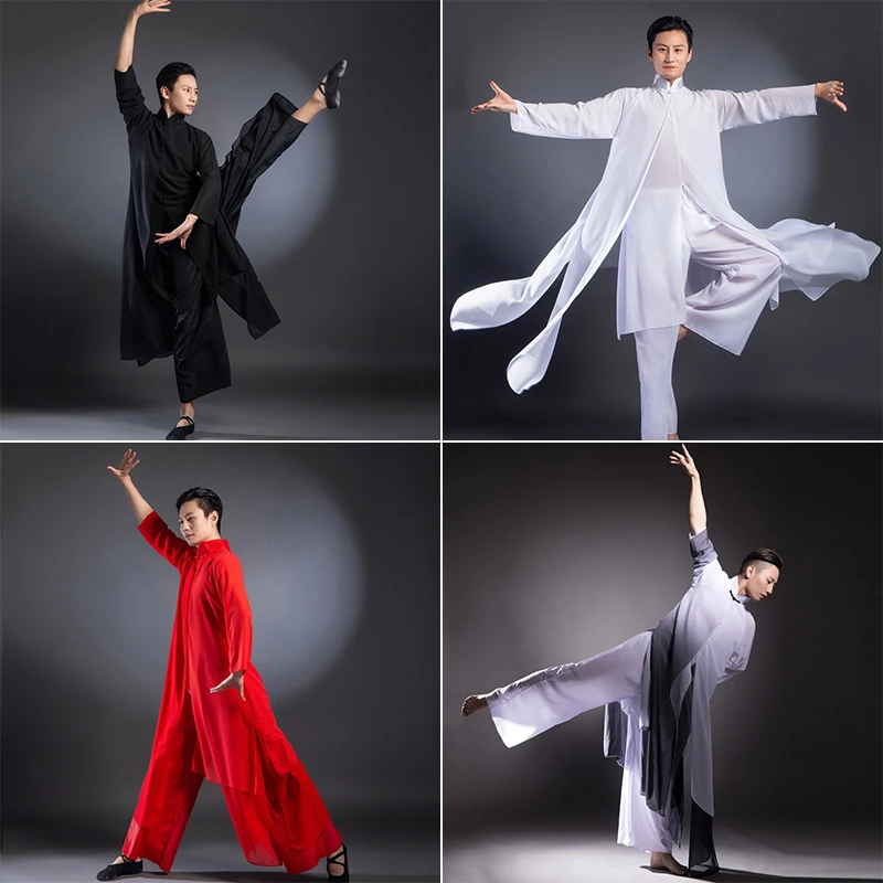 

Full Set Men's Chinese Classical Dance Costume Traditional Kung Fu TaiChi Suit Chiffon Martial Arts Show Costume Stage Play
