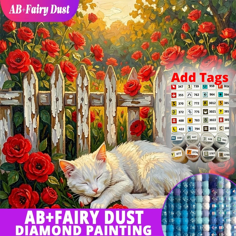 AB Fairy Dust Full Square Round Diamond Mosaic Cat Rose Garden Fence Animal Painting Rhinestones Embroidery Wall Art Decor