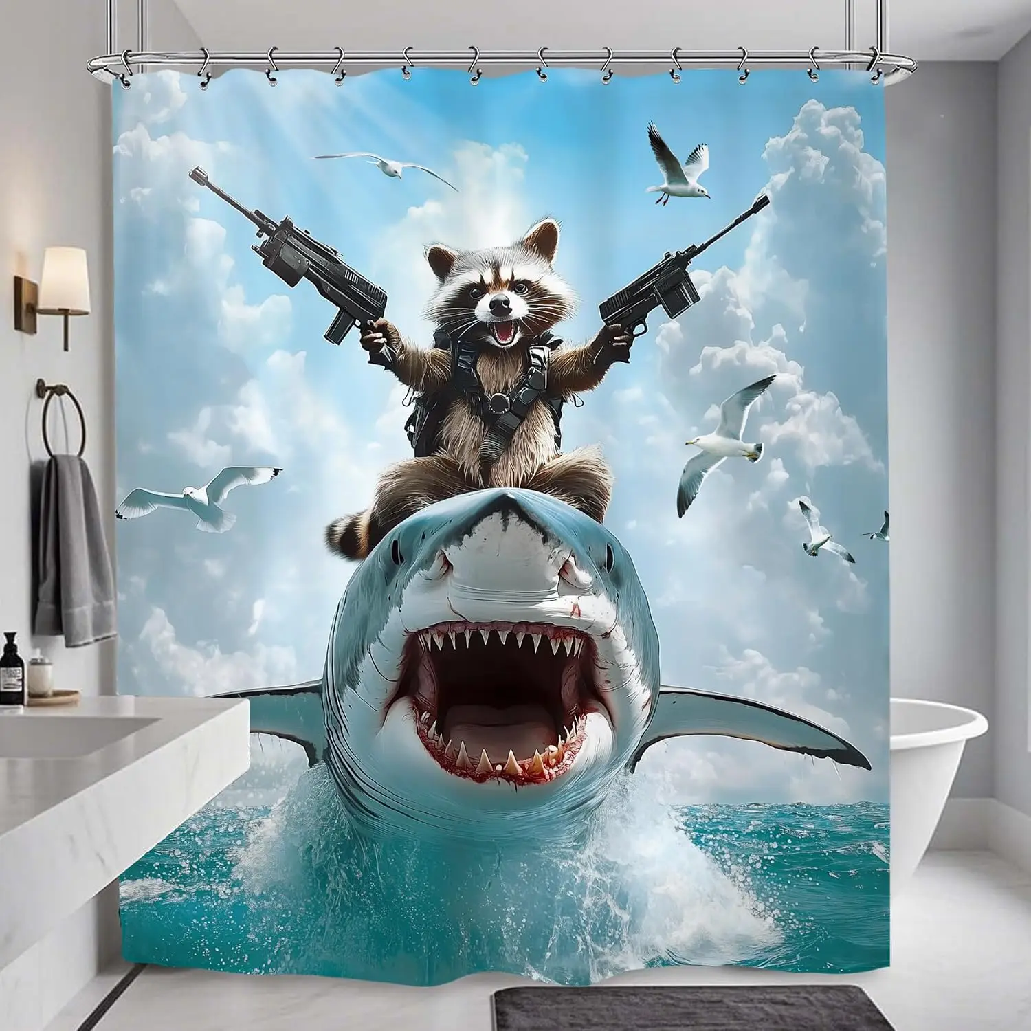 High-quality Funny Shark Raccoon Shower Curtain Bathroom Decor Ocean Animal Art Novelty Liner Accessories Cute Comic Jungle