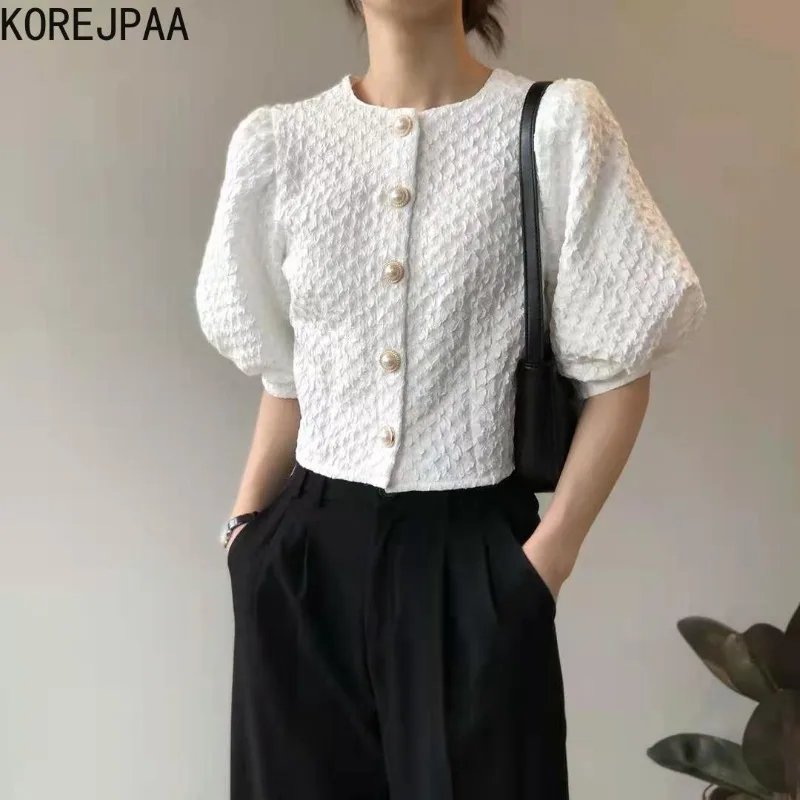 Korejpaa Spring Summer Women Shirt Korean Fashion Pleated Bubble Sleeve Shirts Elegant Single Breasted Cardigan Short Blouse