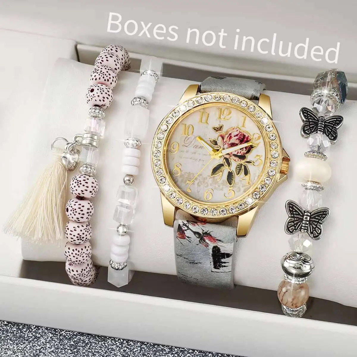 4 шт., женские часы, набор браслетов, модные цветы, кварцевые часы, наручные часы с кожаным ремешком, Reloj Mujer, часы для девочек, подарок (без коробки)