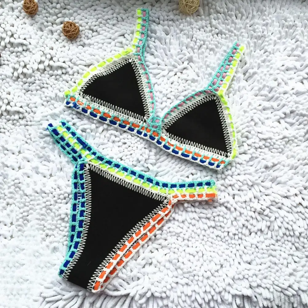 2 Pcs/Set Summer Bikini Set Bathing Suit Bright Color Patchwork Beachwear Handmade Crochet Women Swimsuit for Beach