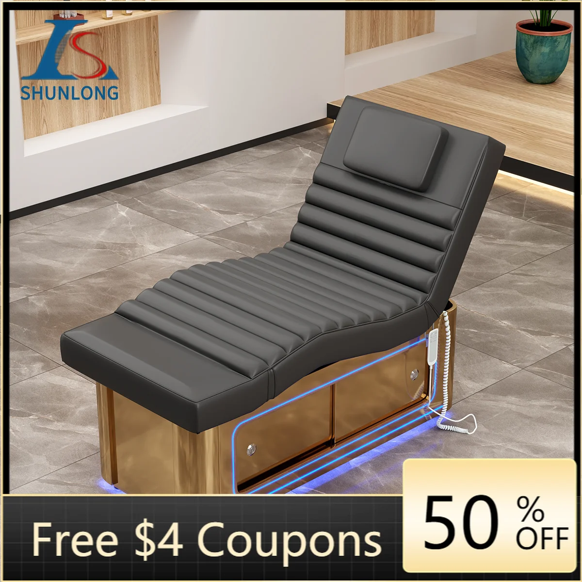 Electric Pedicure Spa Chair Black PU Golden Stainless Steel Base LED Light Reclining Foot Massage Chair with Foot Bath Tub for N
