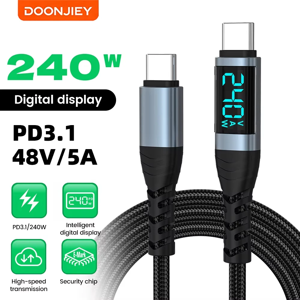 DOONJIEY 240W USB C to USB C Digital Display Super Fast Charge Cable 0.5m-2m Data Cord For iPhone15 16 Samsung S24 S23