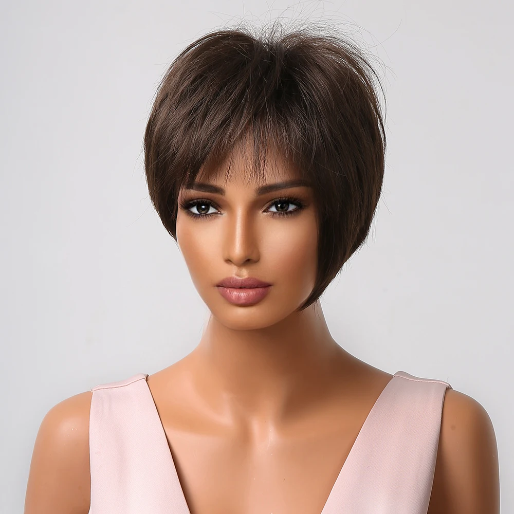 Natürliche Braun Synthetische Haar Perücke mit Pony Kurze Pixie Cut Perücken für Frauen Afro Täglichen Cosplay Hitze Beständig Weibliche Gefälschte haar