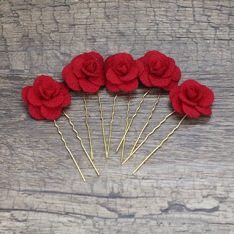 5PCS Red Rose Flower Bridesmaid Hair Pin Clips Sticks Wedding Hairpins For Women Bridal Hair Jewelry