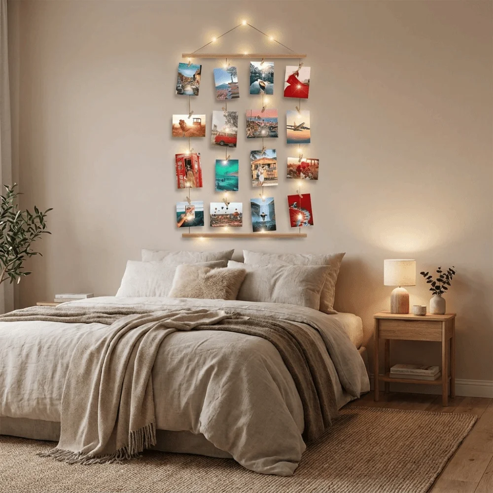 Includes Clips Hanging Photo Display Handcrafted Minimalist Photo Collage Frame DIY Decorative Photo Clip String Light Office