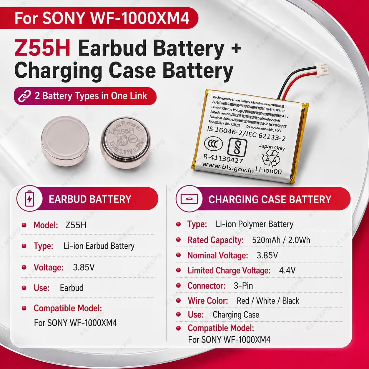 702428 Z55H 3.85V 75mAh Li-ion Battery for Sony WF-1000XM4 XM4 Bluetooth Earbuds Headset Replacement Repair Tools Kit Parts