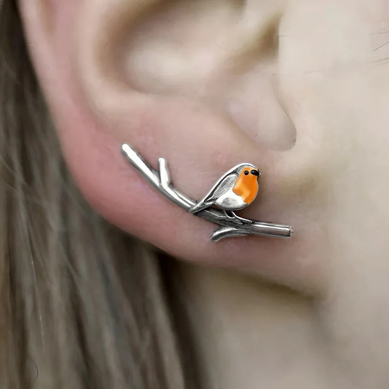 2026 New European and American Retro Colored Bird Drip Oil Earrings, Simple Forest Animal Personality Fashion Jewelry Wholesale