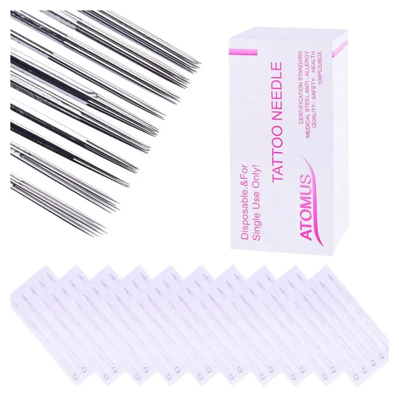 ATOMUS 1 box 100 mixed tattoo needles: 3RL, 3RS, 5M1, 5RL, 5RS, M1, 7RL, 7RS, 9RL, 9RS each 10