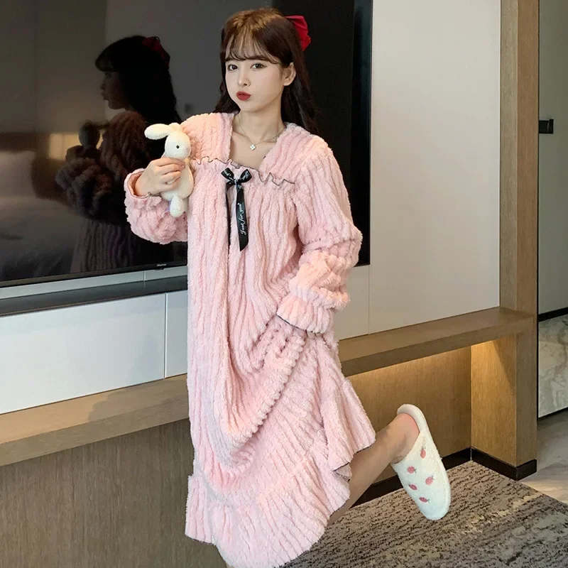 Large Size Winter Coral Velvet Sleep Dress Women Jacquard Fleece-lined Thickened Long Sleeve Flannel Nightgown Korean Sleepshirt