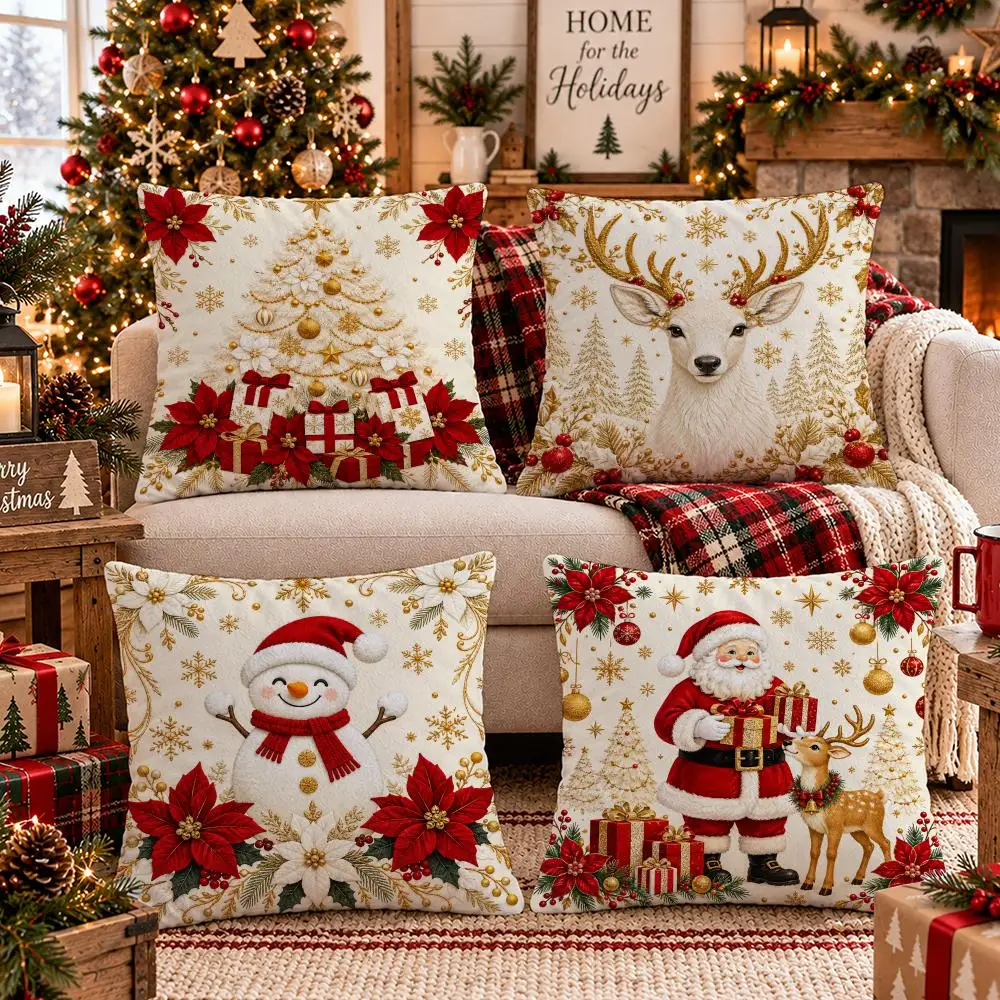 Cream Red Gold Christmas Cushion Cover Soft Short Plush Pillow Cover Smooth Cozy Texture Cushion Case Home Decor