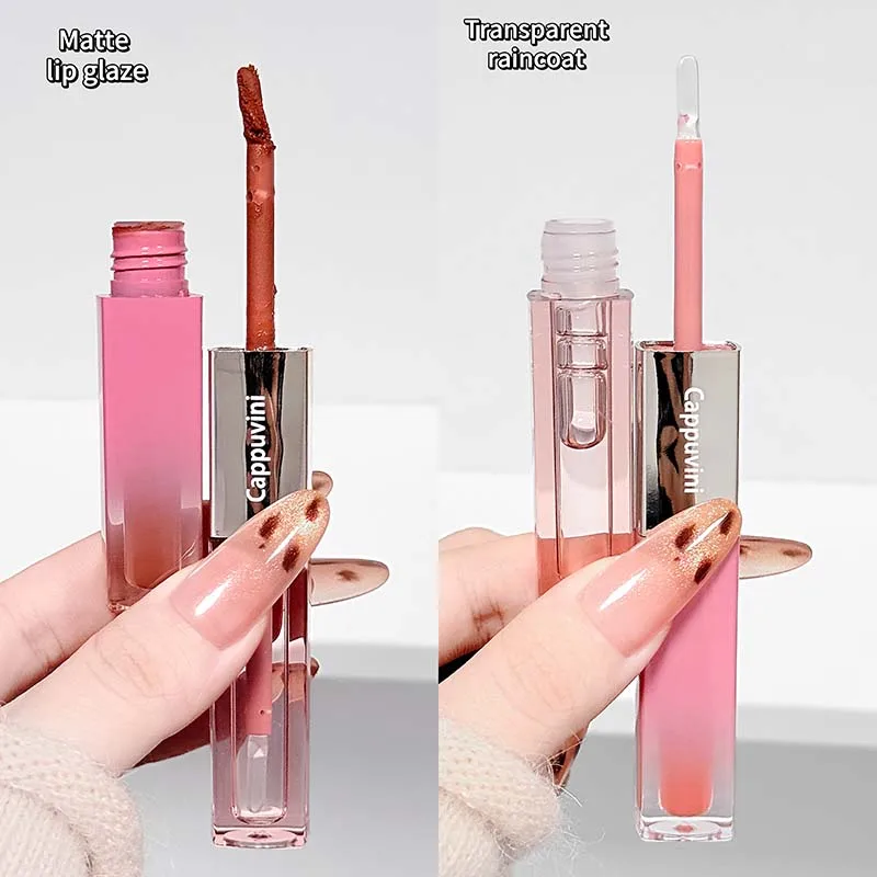 Brillo de labios femenino rosa de doble punta, suave y sedoso, mate, esmalte de labios, espejo, aceite de labios, lápiz labial en capas, maquillaje de larga duración