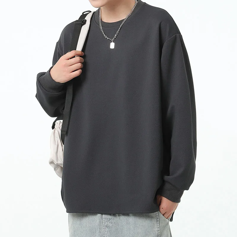 2024 Spring New College Style Loose Sweatshirt with O-Neck for Men, Korean Fashion Solid Color Casual Long Sleeve Tops