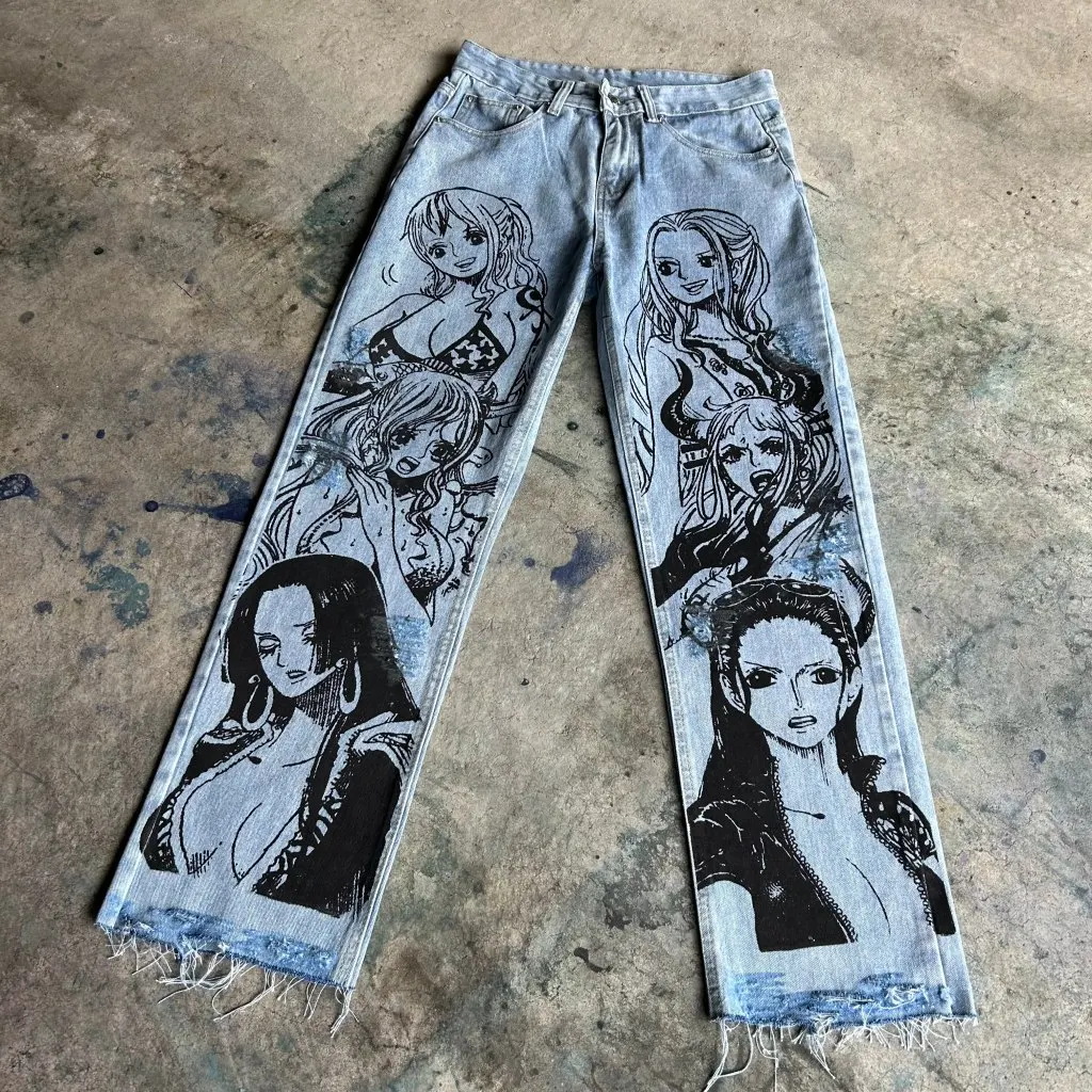 Jean Baggy à Jambes Larges pour Homme et Femme, Pantalon Taille Haute, Style Streetwear, Harajuku, Imprimé Anime, Populaire, Japonais, Y2k