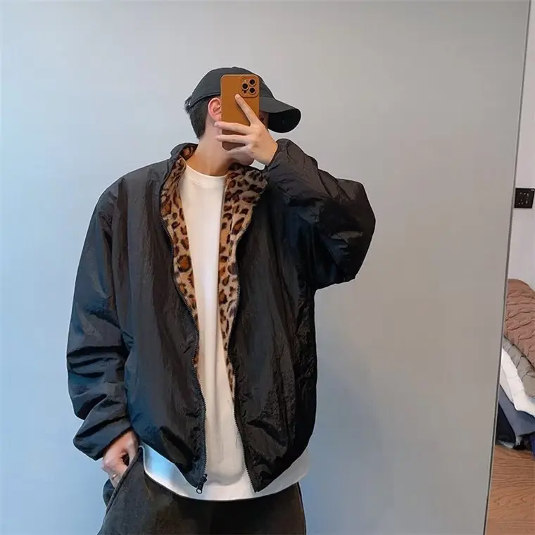 

2025 Winter Men Reversible Cotton Padded Jacket Leopard Print Color Block Vintage Streetwear Coat Two Sides