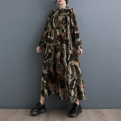 #3715 Tie Dye Print Vintage Long Shirt Dress Women Split Joint Buttons Loose Ladies A-Line Dresses Ankle-length Spring Autumn