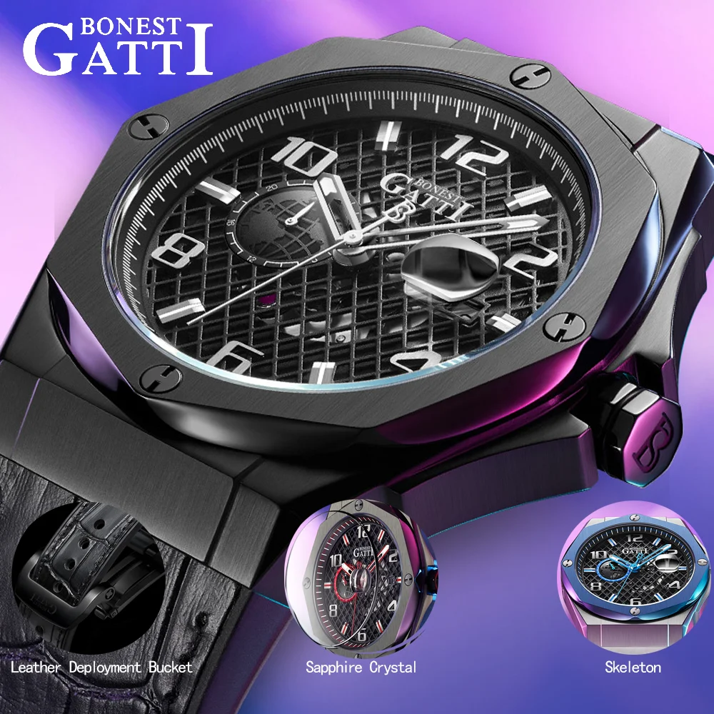 BONEST GATTI Men Automatic Mechanical Business Watch Stainless Steel Case Sapphire Luminous Leather Strap German Craft