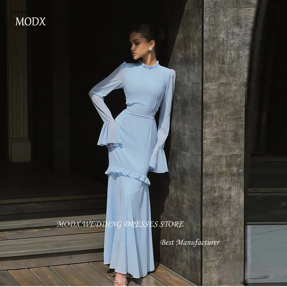 

MODX Modest Light Blue Evening Dresses Long Sleeves High Neck Chiffon Prom Gowns Arabic Dubai Women Formal Party Occasion Dress