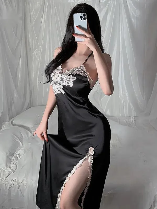 Sexy Satin Women's Split Suspender Dress Perspective Clothing V-neck Embroidery Backless Tall Forking Long Dress Elegant C292