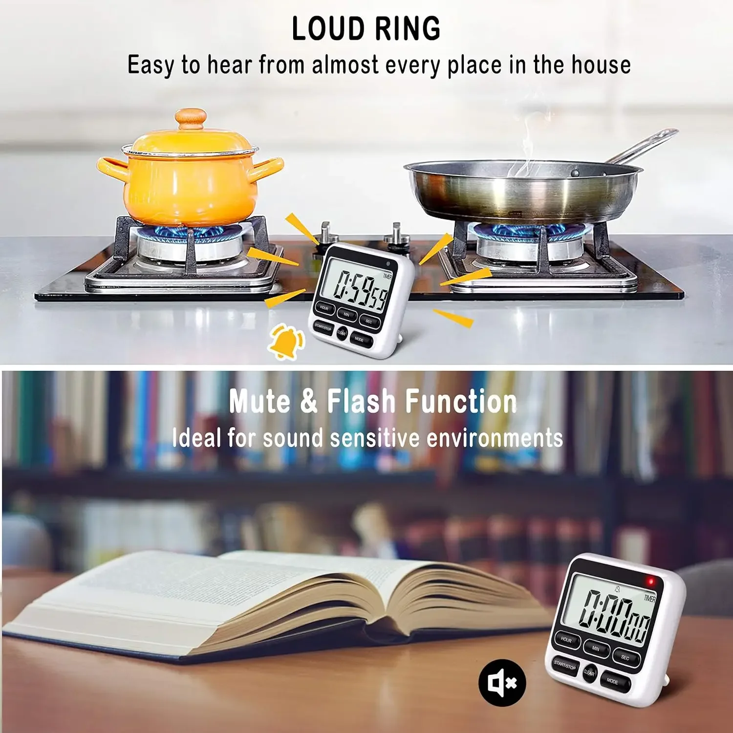 LCD Display Digital Kitchen Timer with Mute/Loud Alarm Switch ON/Off Switch 24 Hour Clock Alarm for Kids Teachers Cooking