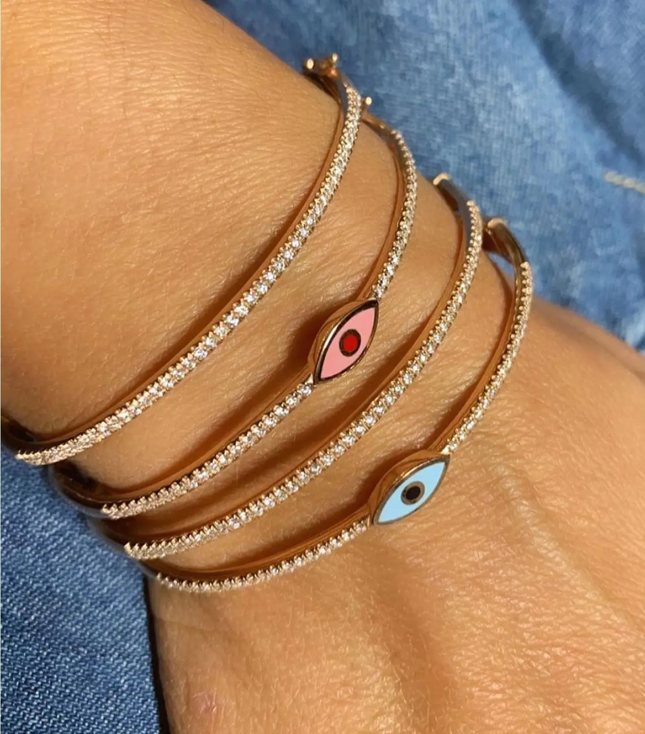 Rose Gold Color Enamel Evil Eye Bangle Bracelet for Women Bohemia Boho Lucky Turkish Evil Eye Jewelry Fashion Wholesal