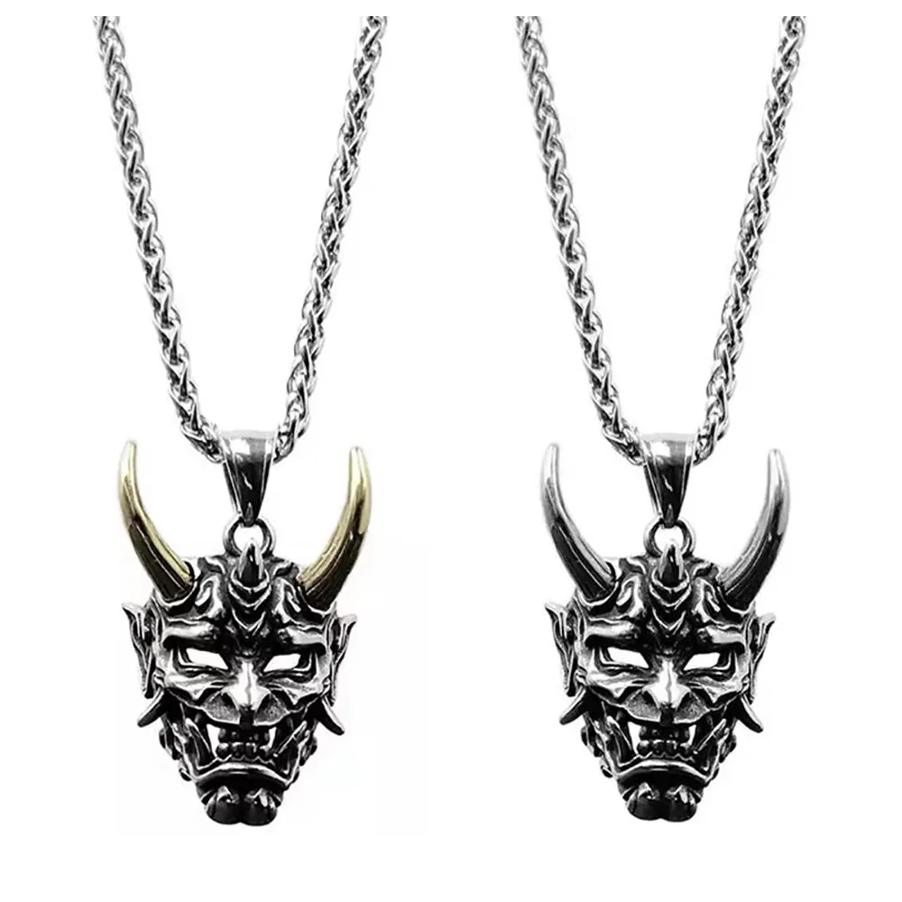 Retro Gothic Punk Necklace Prajna Ghost Demon Fang Evil Mask Men Monster Anger Hannya Ox Horn Skull Rock Pendant Jewelry Gift