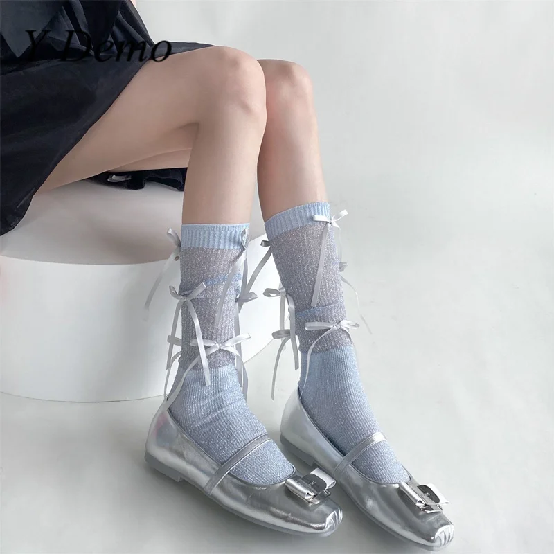 

Y Demo Blokette Bowknot Lace-up Transparent Pile Up Socks Women Mid-tube Socks Summer