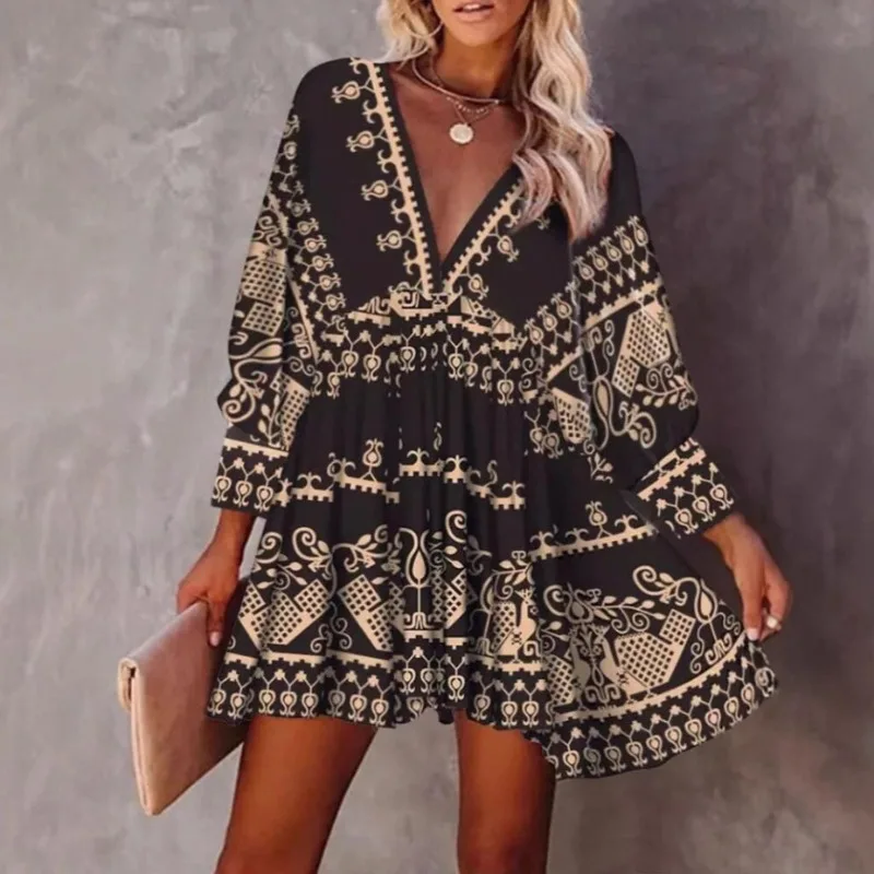 New Women's Autumn Short Skirt Loose V-neck Full Body Printed Fashion Dress Pullover Long Sleeve Dress Summer Bodycon Dress