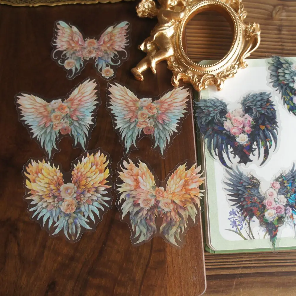 

10 Pcs Laser Diamond Pattern Wings Made of Flowers and Feathers Style PVC Sticker Scrapbooking DIY Gift Decoration Tag