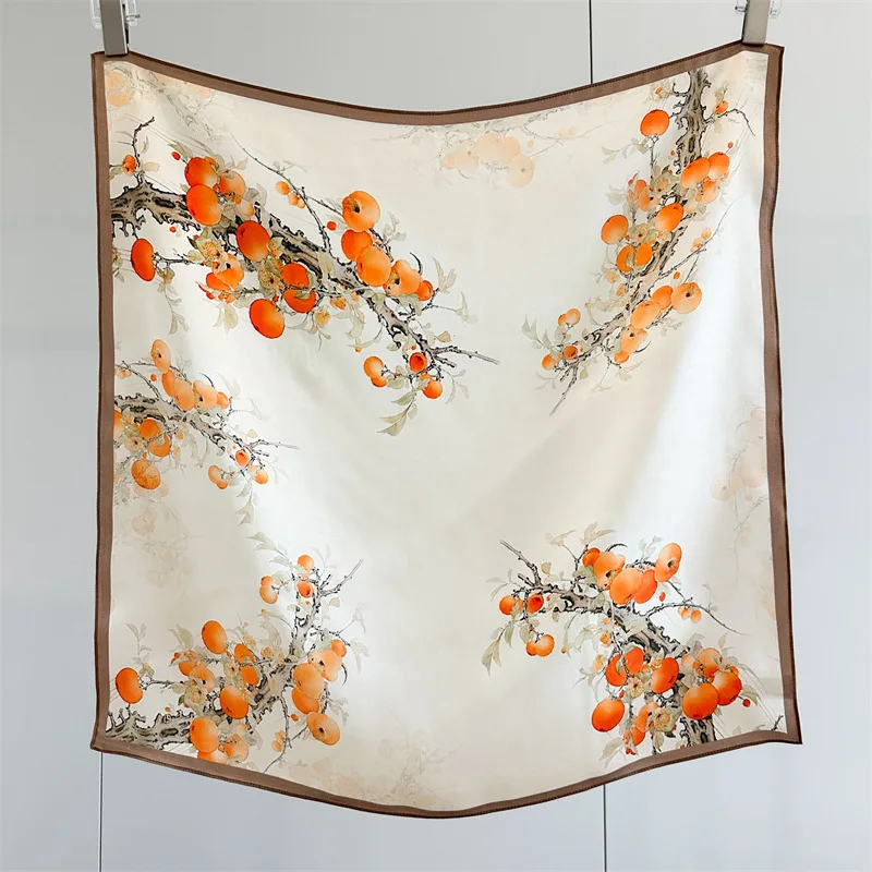 100% MULBERRY SILK Square Scarf Ink Persimmon Print Neck Scarf Traditional Oriental Style Decorative Headband Bag Accessory