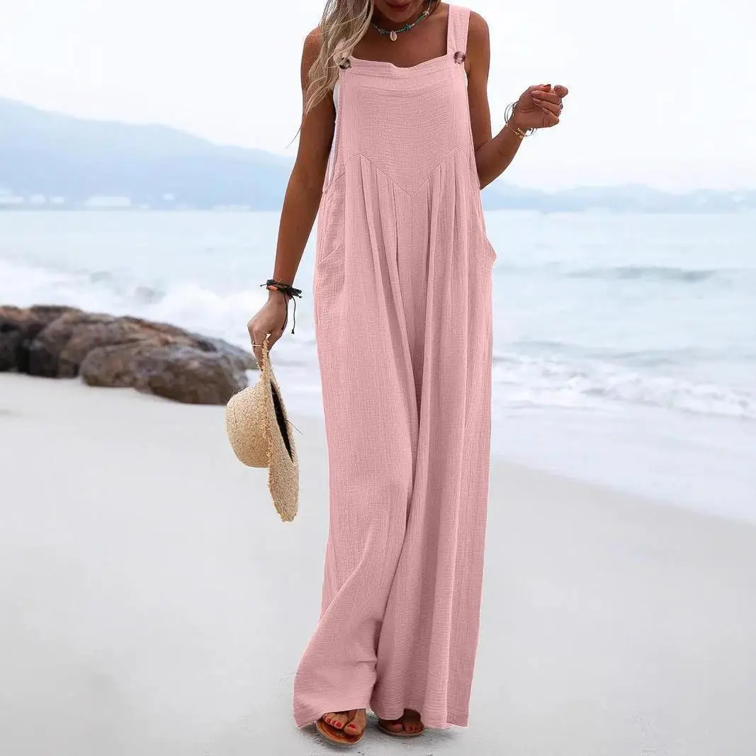 

Женский комбинезон с широкими штанинами, удобные длинные брюки со средней талией, ткань из лайкры, лето 2023, модный женский цельный костюм