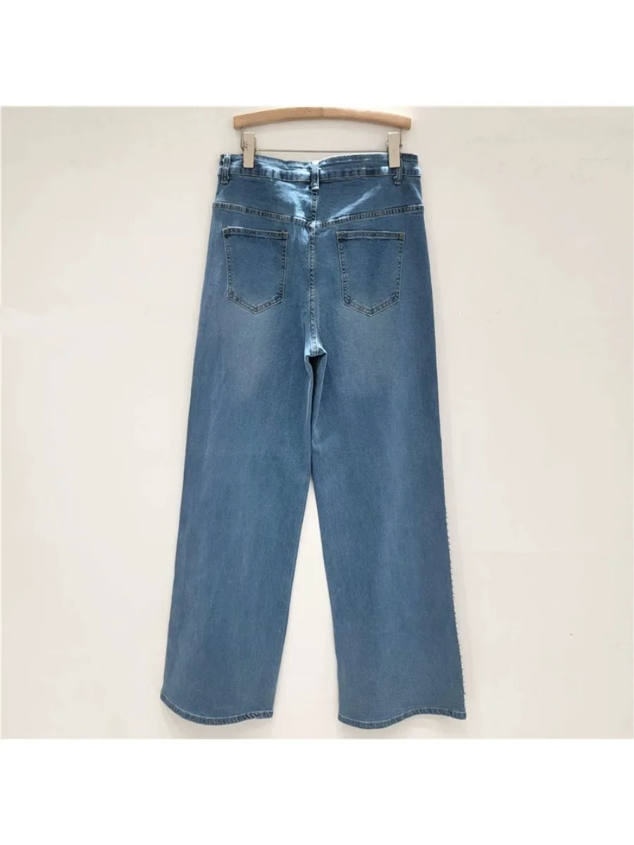 GALCAUR Blue Spliced Hollow Out Diamond Jeans Female High Waist Loose American Retro Women's Wide Leg Pants Summer New Fashion