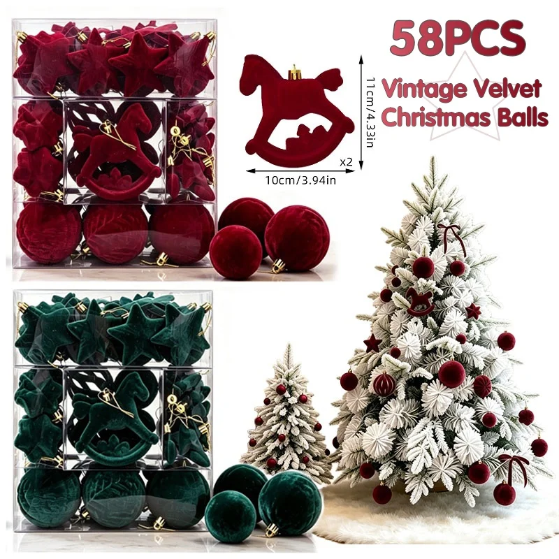 58PCS Velvet Christmas Balls Ornament Set Red Green Flocked Baubles DIY Christmas Tree Decor New Year Home Party Hanging Decor