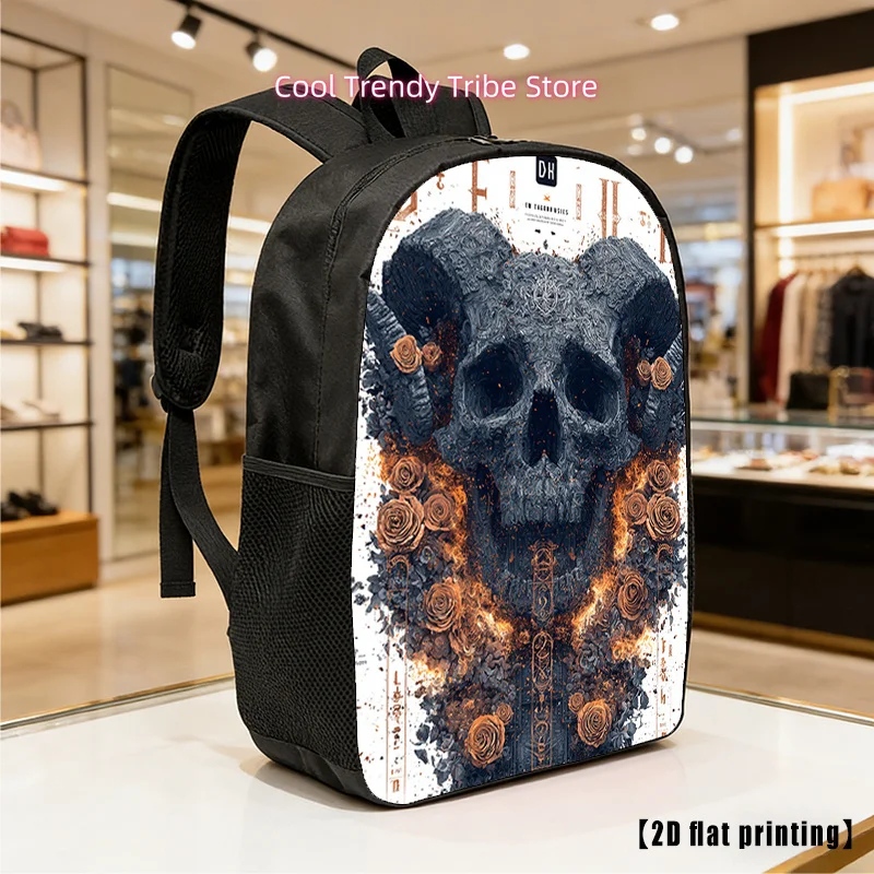 Flaming Skull Print Backpack - Large Capacity Lightweight Hiking & Laptop Bag Suitable for, Commuting, Travel, Adjustable Should