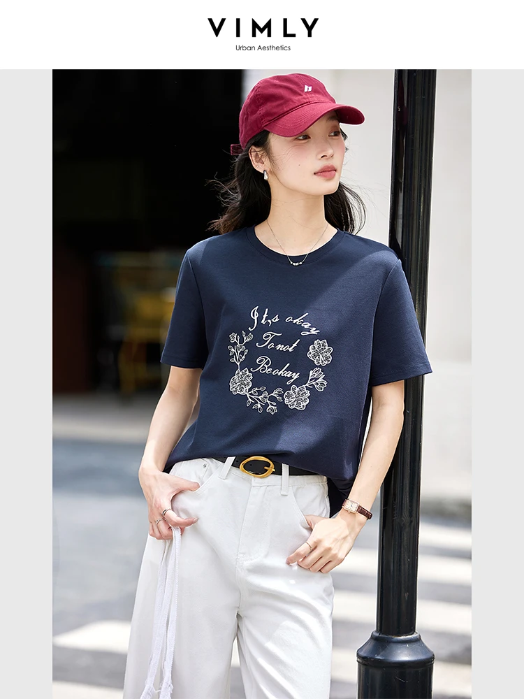 

VIMLY Cotton Graphic T-shirt Woman 2025 Summer Casual Navy Blue Short Sleeve Tee Shirt Fun Printed Top Ladies Clothes A1776