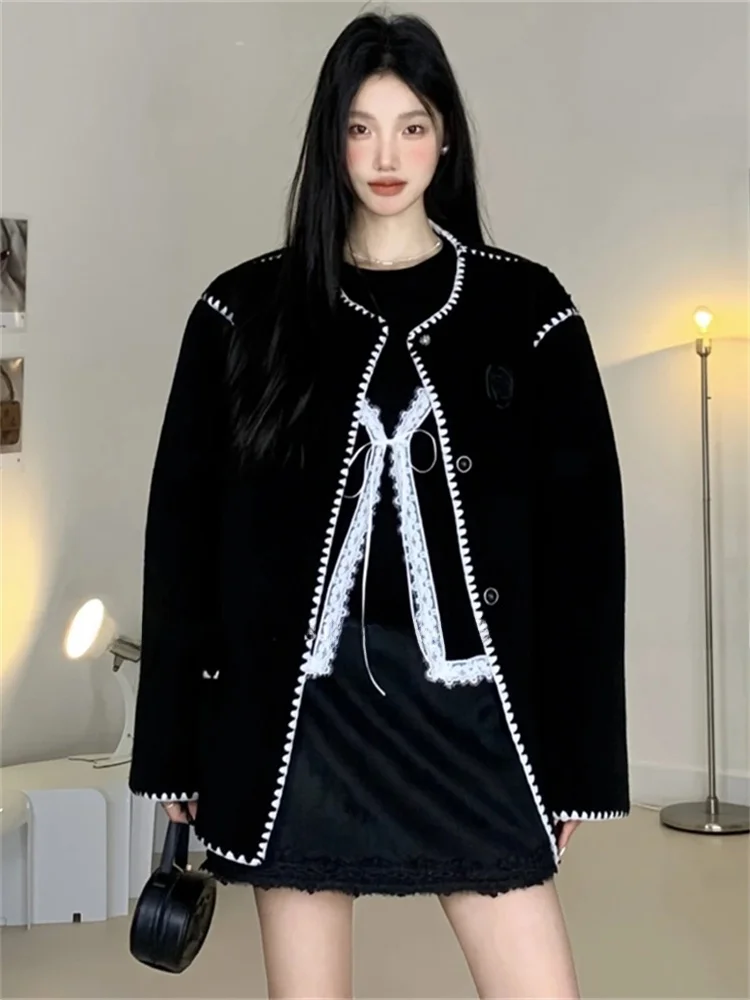 Original Lace Splice Women's Top Bla Long Sve Spring New Sle Beautiful Unique Loose Fit round Ne Single Piece Korean...