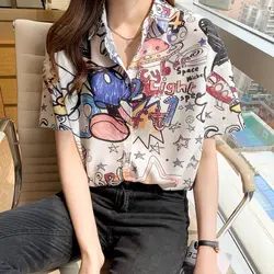 Women Summer Fashion Loose Printing Trend Polo-Neck Short Sleeve Shirts Women Clothes Casual All-match Appear Thin Thin Top Tee