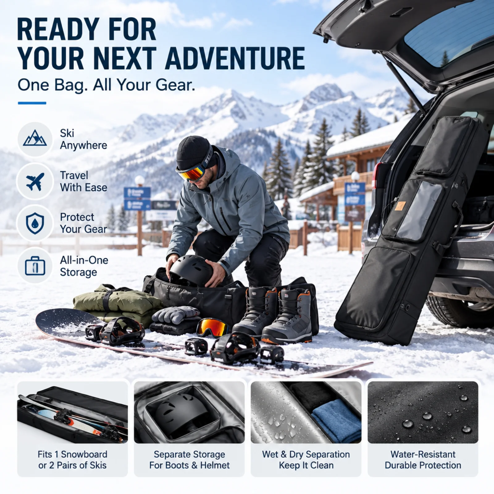 Ski Bag, Snowboard & Ski Storage, Waterproof, Dry-Wet Separation, Large Capacity, No wheels