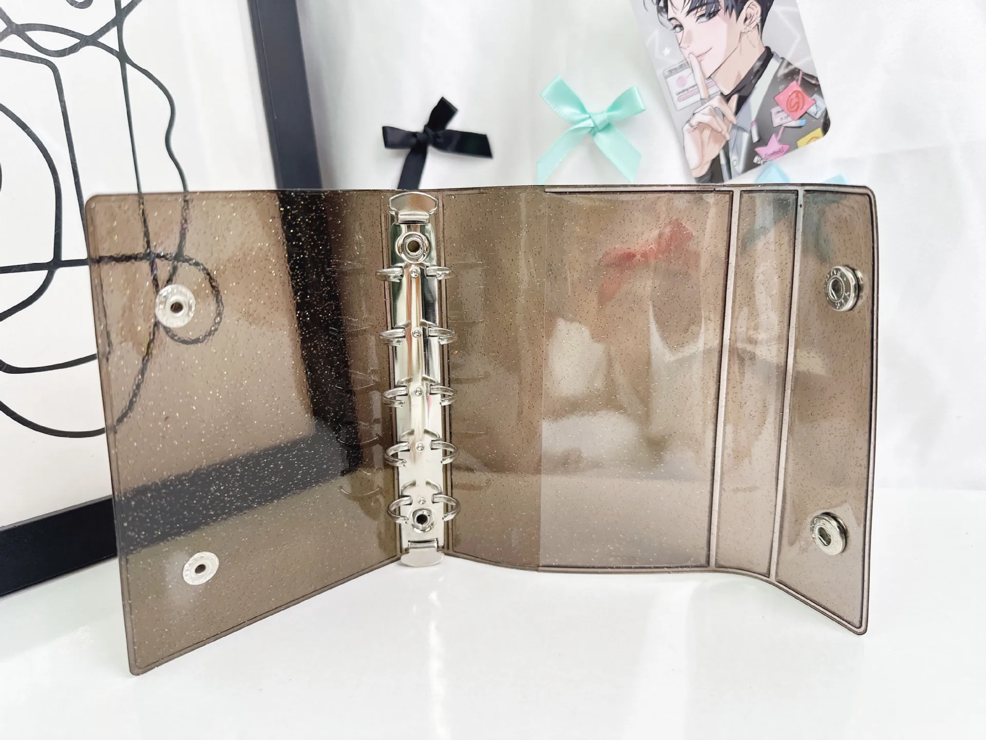 M5 5Holes Glitter Pink Black Transparent Binder Loose Cover Journal Sketchbook Accessories Diary Office Supplies